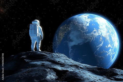 An astronaut stands looking towards the Earth from outer space