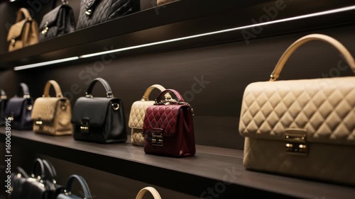 Luxurious leather handbags displayed on sleek, dark shelves with subtle LED lighting, showcasing various styles, colors, and textures