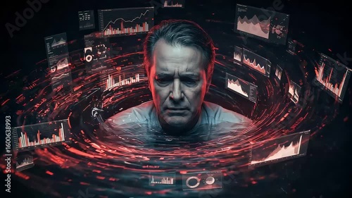 A man submerged in water surrounded by data charts  glowing red streaks looks stressed