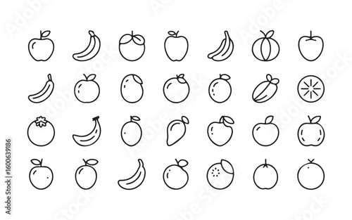Simple line art icons of various fruits and a tomato apple banana