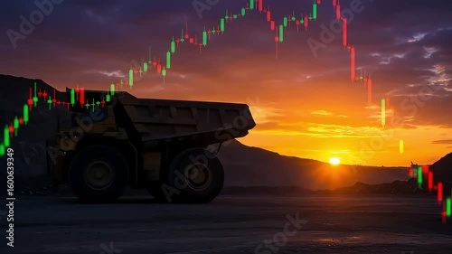 A mining truck silhouette at sunset with an superimposed candlestick chart