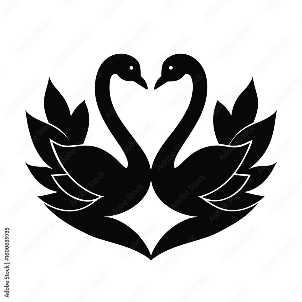 Fototapeta premium Romantic swans and lotus flowers heart symbol
