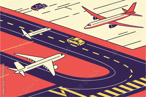 Illustration of planes flying above roads with cars in a stylized isometric perspective view