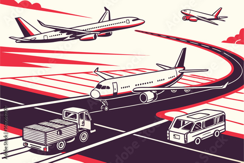 Illustration of airplanes in flight above a truck and van on an airport runway scene design