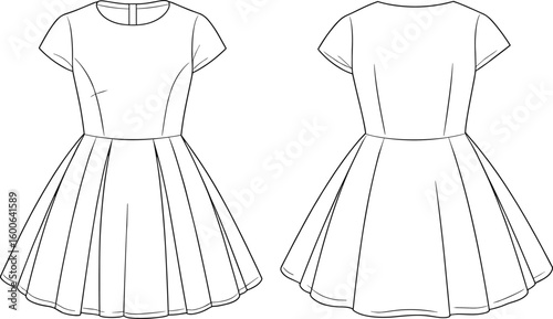 Stylish short sleeve dress cad drawing, technical flat vector illustration showing front and back pleated skirt fashion design