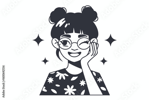 Smiling Asian woman with glasses playfully winks, resting her face on hand