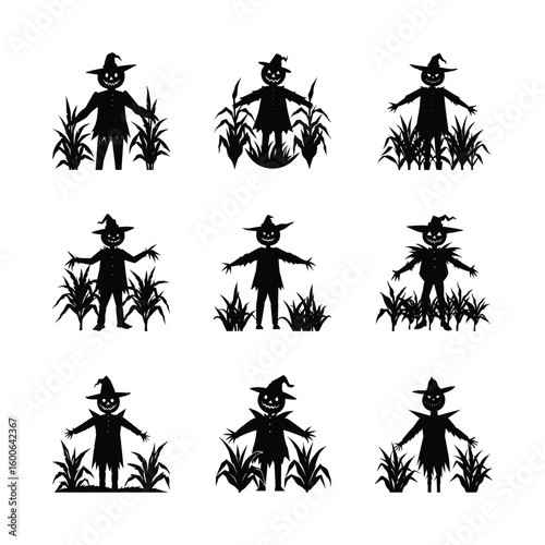 Spooky scarecrow silhouette icon collection