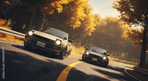 Classic JDM Cars Racing on Autumn Forest Road