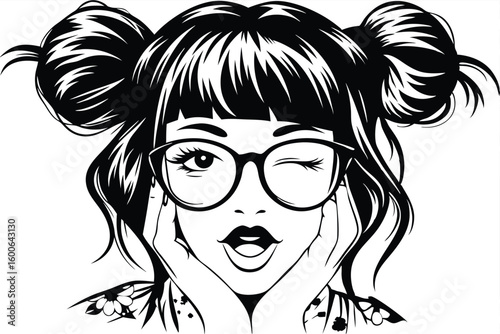 Winking girl with glasses, short hair, and space buns is holding her face,