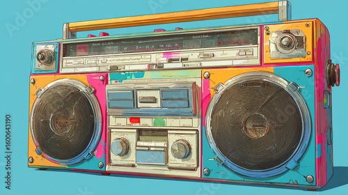 Vibrant, colorful boombox against a light blue background