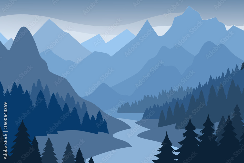 Fototapeta premium Misty Blue Mountain River Valley with Pine Forest - Vector Landscape Illustration