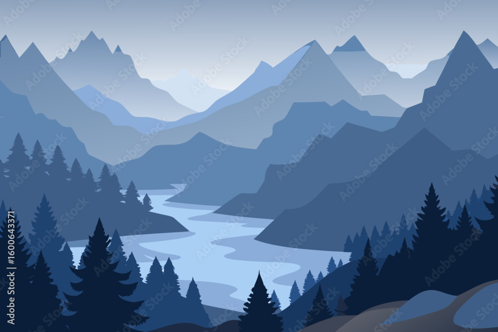 Fototapeta premium Misty Blue Mountain River Valley with Pine Forest - Vector Landscape Illustration