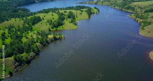 Aerial landscape picturesque lake forests and hills