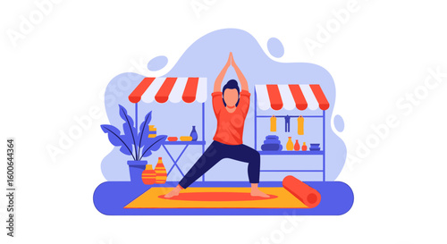 Person doing yoga at a market stall, perfect for wellness websites or brochures.