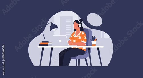Woman working from home on laptop, wearing headphones.  Perfect for websites, blogs, and articles about remote work.