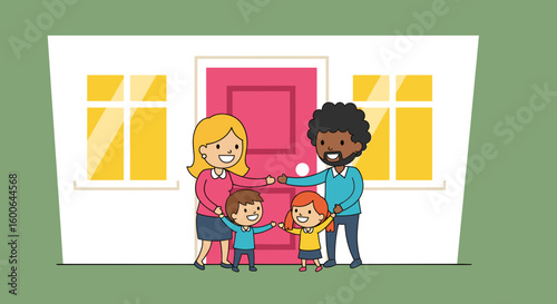 Happy family arriving home, perfect for real estate websites or family blogs.