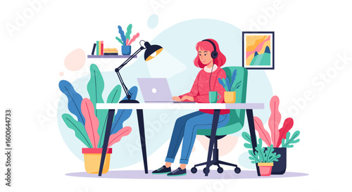 Young woman working from home on laptop, ideal for blogs, websites, and social media posts about remote work.