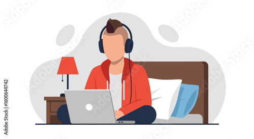 Person working on laptop from bed, wearing headphones - perfect for websites, blogs, or articles about remote work, freelancing, or comfortable workspaces.