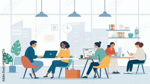 Diverse team collaborating in a modern, bright office. Ideal for websites, presentations, and brochures showcasing teamwork and innovation.