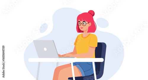 Young woman working on laptop, perfect for website banners or blog posts about remote work, technology, or freelance.