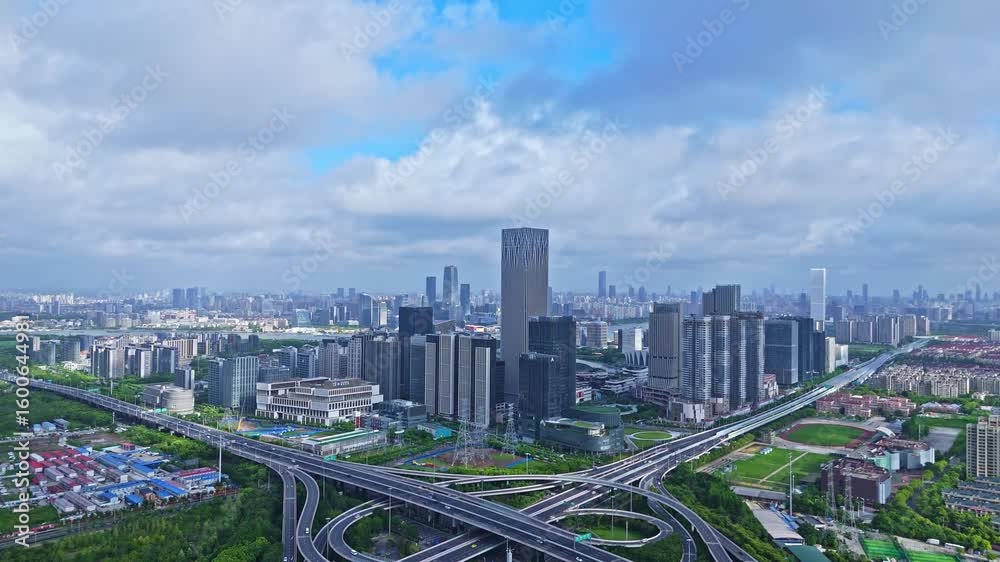 4K real time Aerial view of Shanghai’s Qiantan International Business District, with heavy traffic overpass. 4K real time Aerial view of Shanghai’s Qiantan International Business District, with heavy traffic overpass.