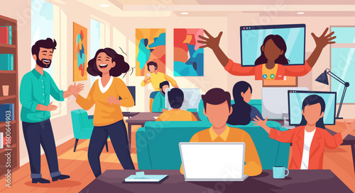 Happy diverse team collaborating in a modern office, perfect for website banners or presentations.