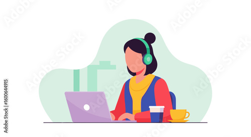 Woman working on laptop with headphones, perfect for website banners or blog posts about remote work.