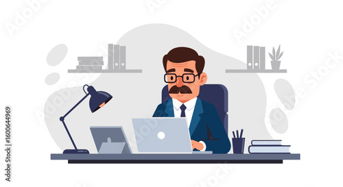 Businessman working on laptop in office, perfect for website banners or business presentations.