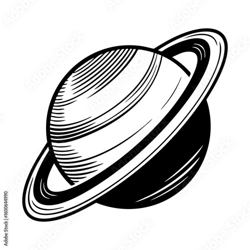saturn planet sketch engraving black and white outline. Scratch board imitation.