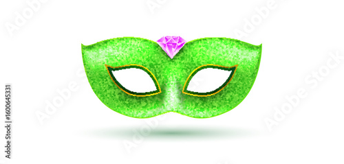 Green glitter carnival mask with pink gemstone and eye cutouts on white background for masquerade, party or festive celebration