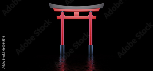 The Japanese Torii Gate stands in a dark space and is reflected in the glossy floor.  Japanese historical landmark. 3D Render.