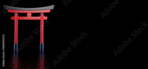 The Japanese Torii Gate stands in a dark space and is reflected in the glossy floor.  Japanese historical landmark. 3D Render.