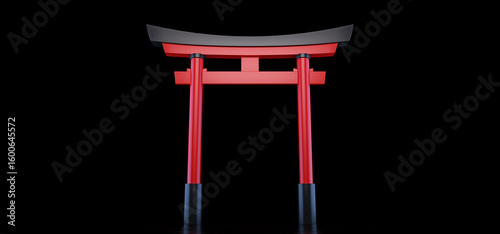 The Japanese Torii Gate stands in a dark space and is reflected in the glossy floor.  Japanese historical landmark. 3D Render.