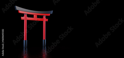 The Japanese Torii Gate stands in a dark space and is reflected in the glossy floor.  Japanese historical landmark. 3D Render.