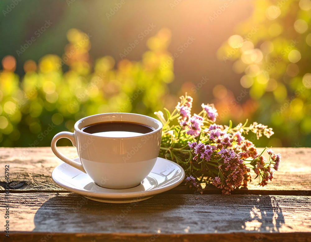Fototapeta premium Coffee and Seasonal Flowers on Rustic Table