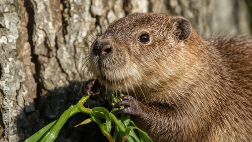 Low-angle shot capturing a charming beaver munching on a tree branch
