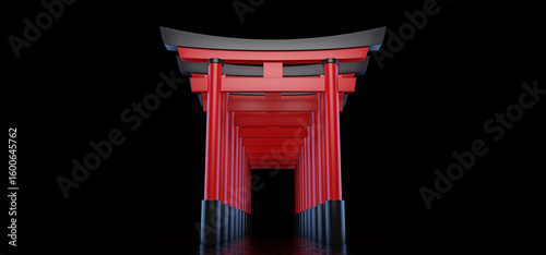 The Japanese Torii gates stand behind each other and form a passage, are located in a dark space and are reflected in the glossy floor.  Historical landmark of Japan. 3D render.
