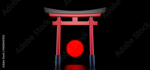 The Japanese Torii Gate stands alone in a dark space against the background of the red sun.  Historical landmark of Japan. 3D rendering.. 3D Render