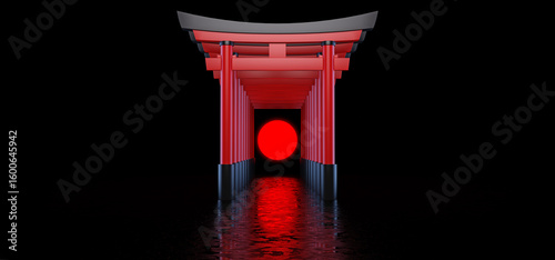 The Japanese Torii gates stand behind each other and form a passage in a dark space against the background of the red sun.  Historical landmark of Japan. 3D rendering. 3D Render