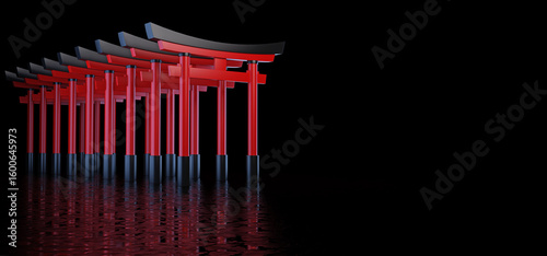 The Japanese Torii gates stand behind each other and form a passage, are located in a dark space and are reflected in the glossy floor.  Historical landmark of Japan. 3D render.
