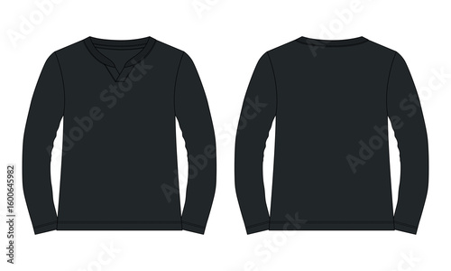 Long sleeve t shirt technical drawing fashion flat sketch illustration black color template for ladies