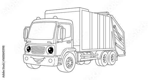 Cartoon garbage truck illustration with smiling face and big eyes for coloring activity    