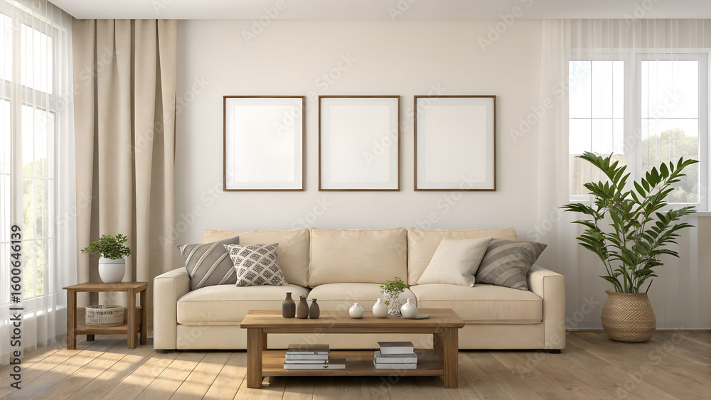 Fototapeta premium Modern living room featuring a neutral sofa, coffee table, and three blank frames ready for your art