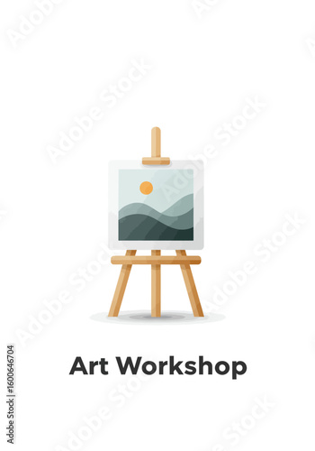 Wooden Easel Displaying a Landscape Painting of Hills and a Sun