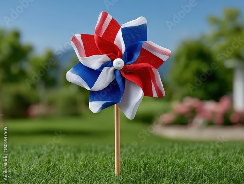 Colorful Pinwheel in Red, White, and Blue on a Green Lawn