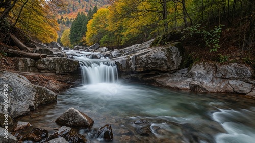 Long-duration capture of a river waterfall within a scenic nature park