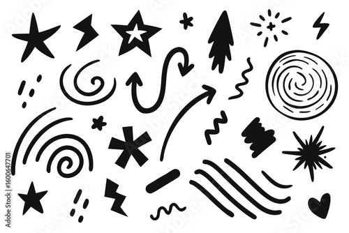 Dynamic collection of hand-drawn graphic elements including stars, arrows, swirls, and abstract shapes perfect for creative projects and digital design.
