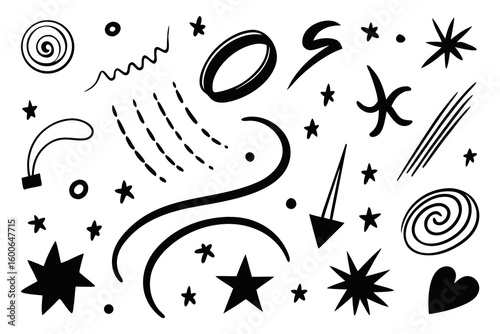 Dynamic abstract shapes and playful doodles create a vibrant, energetic visual for modern design projects and creative expression, perfect for adding a touch of whimsy and style.