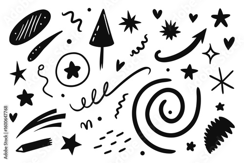 Whimsical doodle elements like stars, hearts, swirls, and arrows add a playful, energetic touch to celebrate achievements and spark creativity in any design project