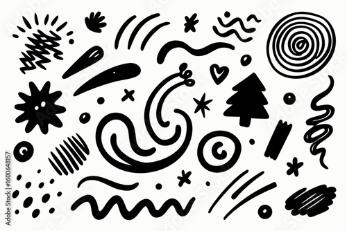 Embrace playful creativity with a vibrant collection of hand-drawn abstract shapes, doodles, and festive elements perfect for modern design projects and eye-catching visuals